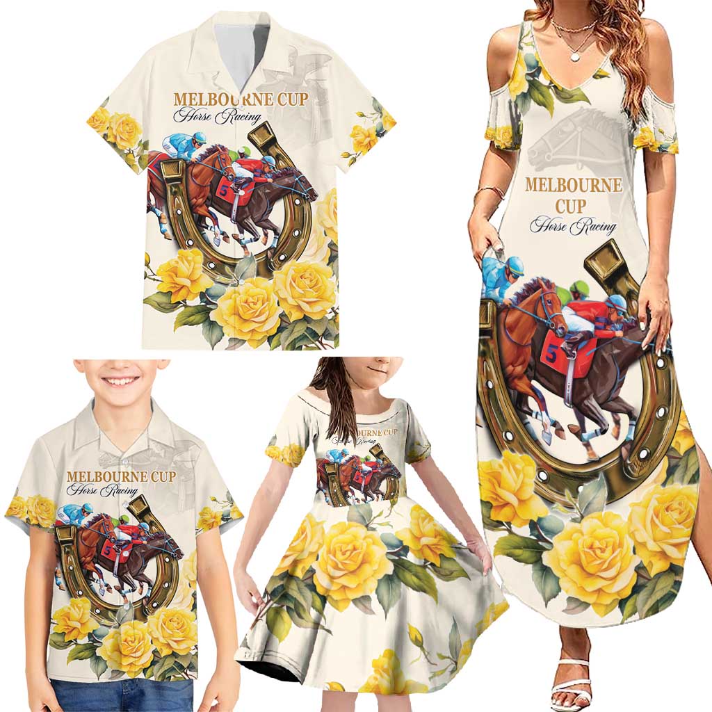 Melbourne Horse Racing Personalised Family Matching Summer Maxi Dress and Hawaiian Shirt Australian Horse With Yellow Roses