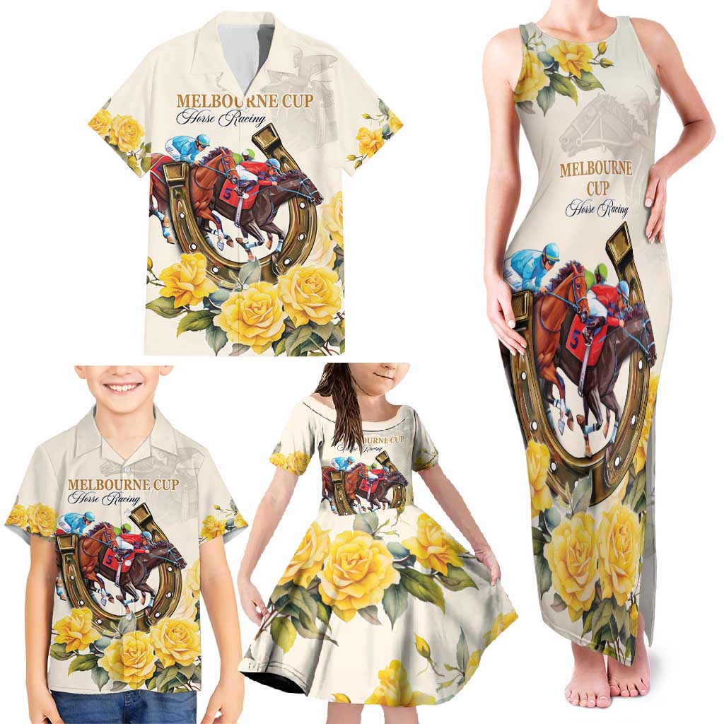 Melbourne Horse Racing Personalised Family Matching Tank Maxi Dress and Hawaiian Shirt Australian Horse With Yellow Roses