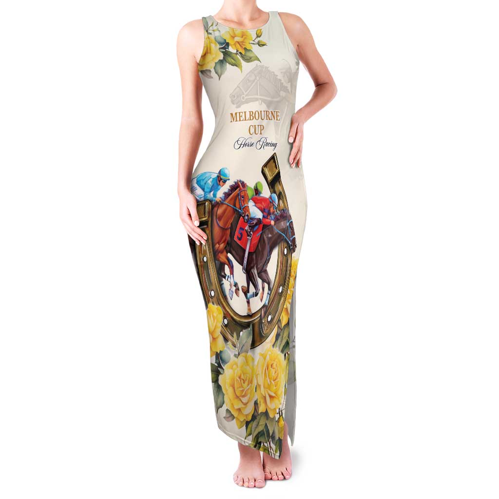 Melbourne Horse Racing Personalised Family Matching Tank Maxi Dress and Hawaiian Shirt Australian Horse With Yellow Roses