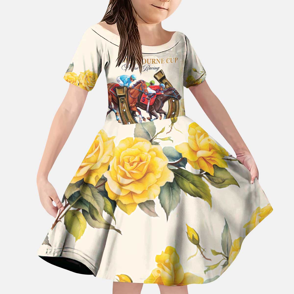 Melbourne Horse Racing Personalised Kid Short Sleeve Dress Australian Horse With Yellow Roses
