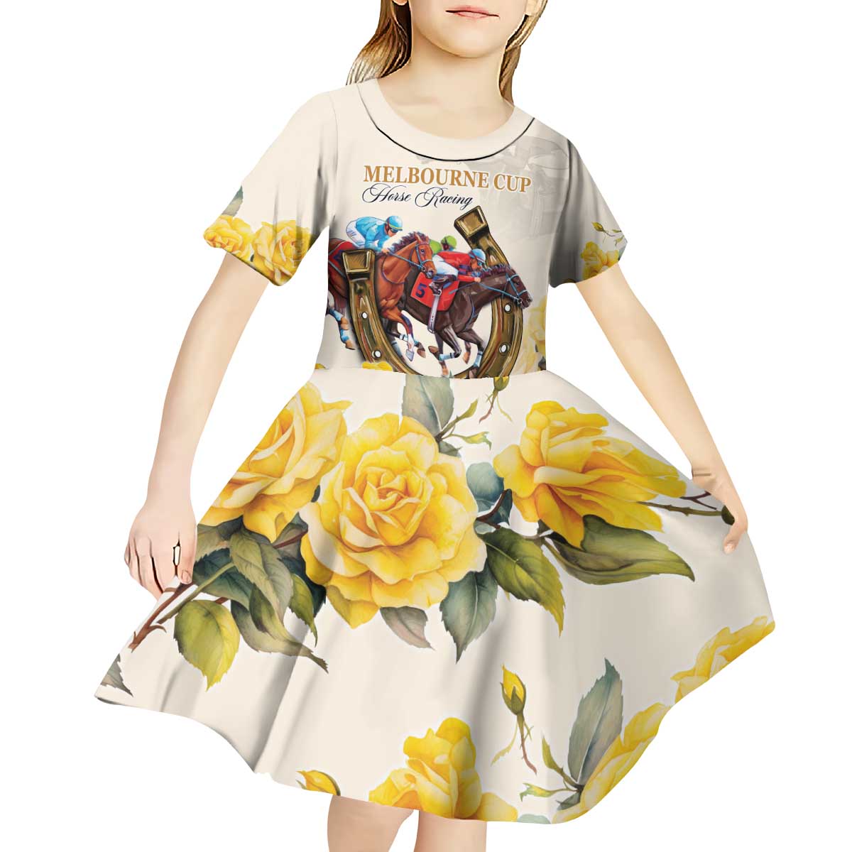 Melbourne Horse Racing Personalised Kid Short Sleeve Dress Australian Horse With Yellow Roses
