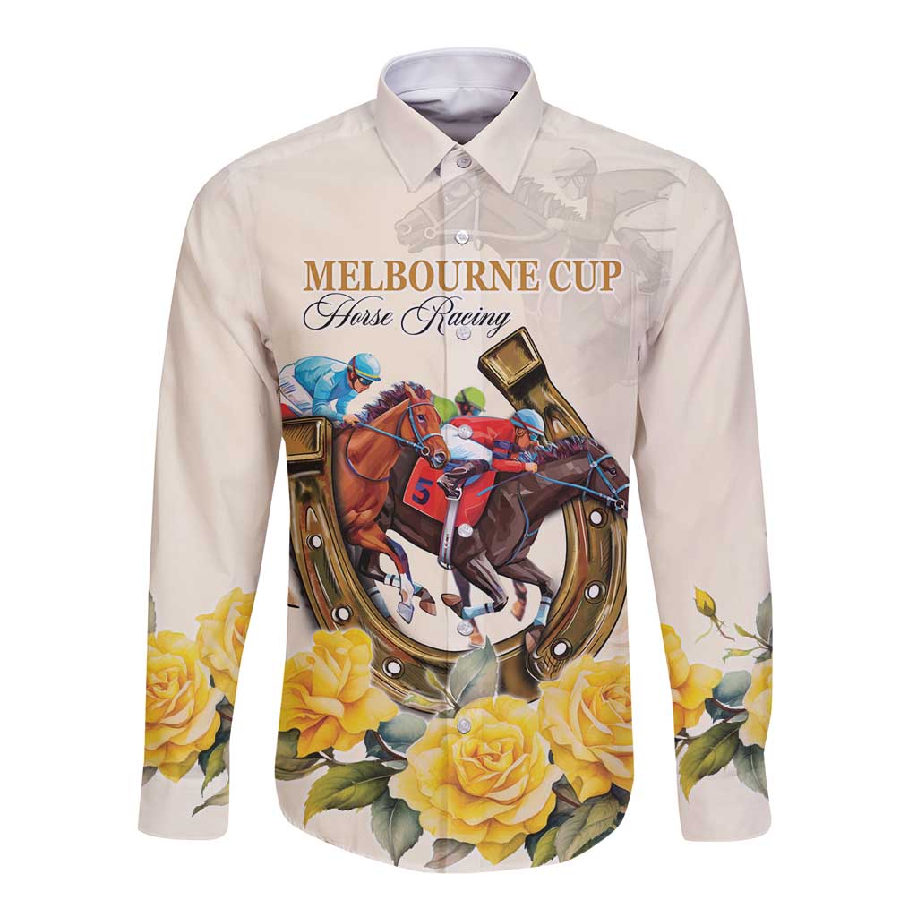 Melbourne Horse Racing Personalised Long Sleeve Button Shirt Australian Horse With Yellow Roses