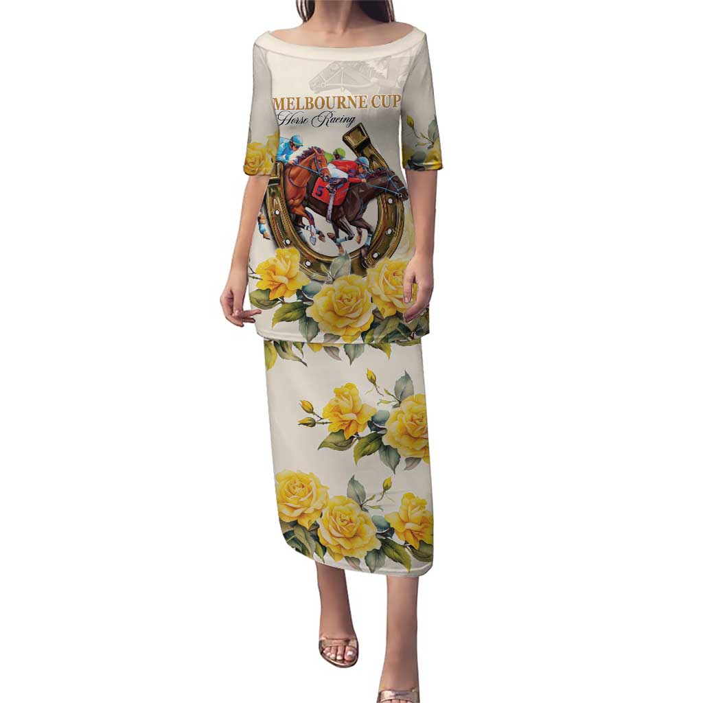 Melbourne Horse Racing Personalised Puletasi Australian Horse With Yellow Roses
