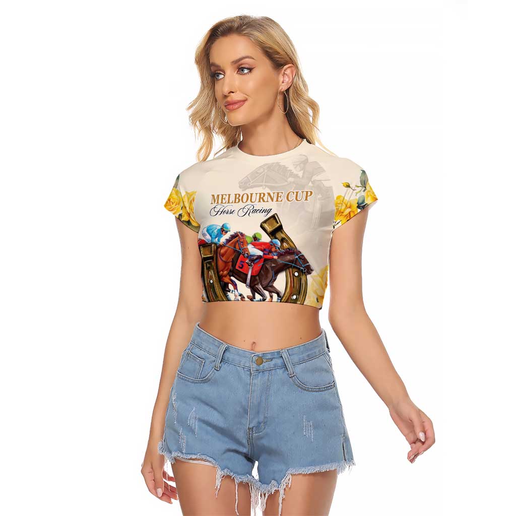 Melbourne Horse Racing Personalised Raglan Cropped T Shirt Australian Horse With Yellow Roses