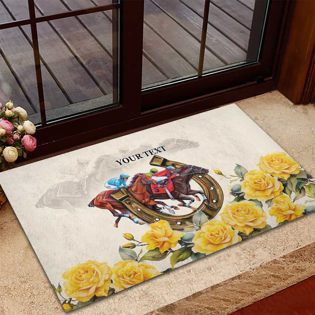 Melbourne Horse Racing Personalised Rubber Doormat Australian Horse With Yellow Roses