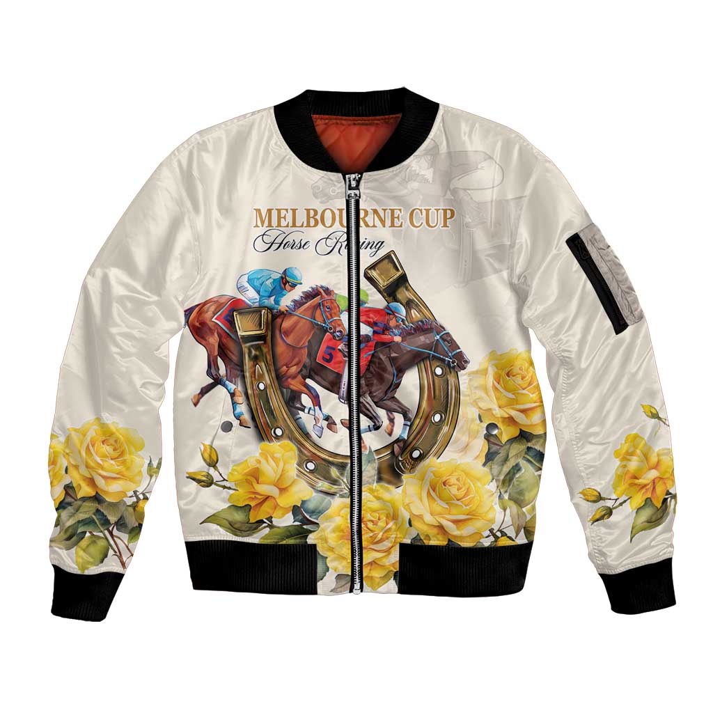 Melbourne Horse Racing Personalised Sleeve Zip Bomber Jacket Australian Horse With Yellow Roses