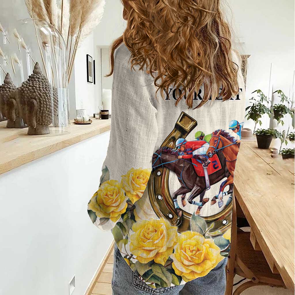Melbourne Horse Racing Personalised Women Casual Shirt Australian Horse With Yellow Roses