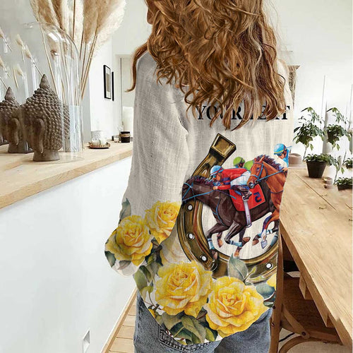 Melbourne Horse Racing Personalised Women Casual Shirt Australian Horse With Yellow Roses