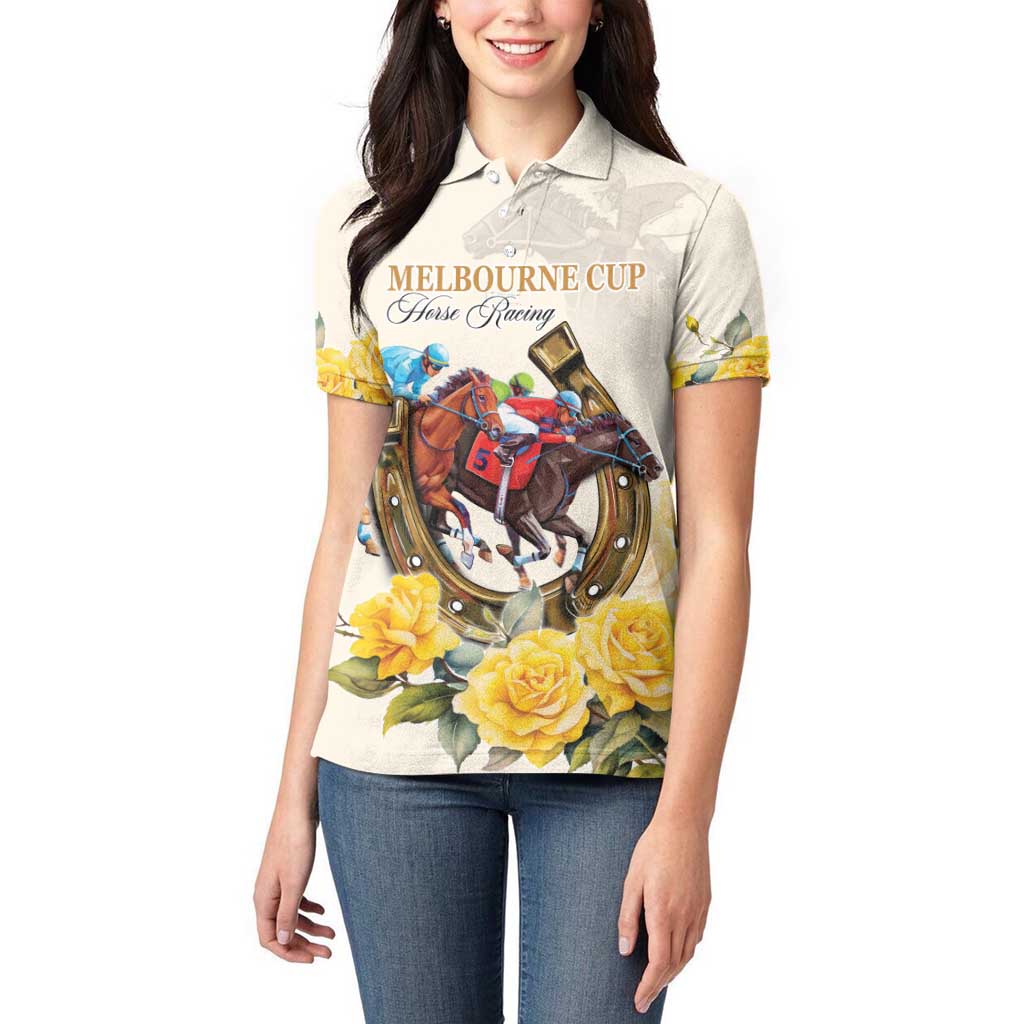 Melbourne Horse Racing Personalised Women Polo Shirt Australian Horse With Yellow Roses