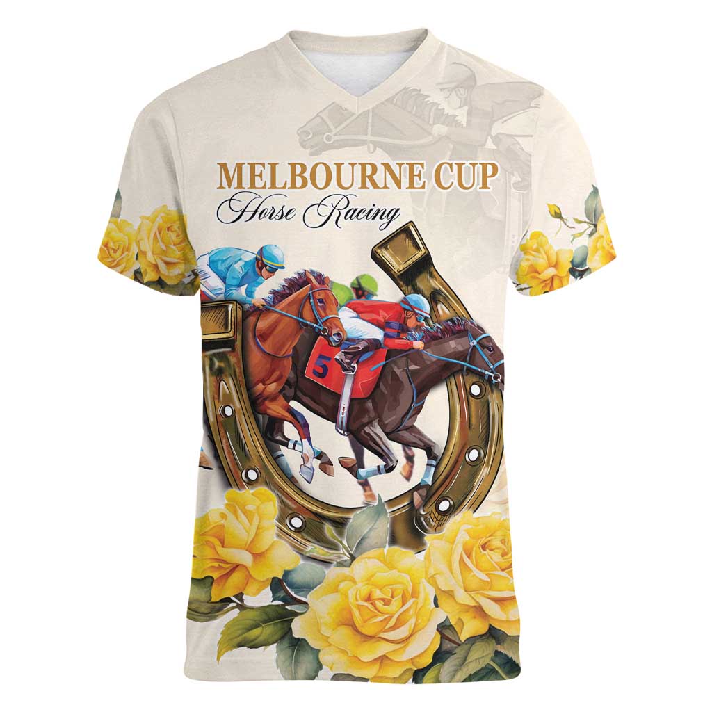 Melbourne Horse Racing Personalised Women V-Neck T-Shirt Australian Horse With Yellow Roses