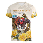 Melbourne Horse Racing Personalised Women V-Neck T-Shirt Australian Horse With Yellow Roses