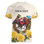 Melbourne Horse Racing Personalised Women V-Neck T-Shirt Australian Horse With Yellow Roses