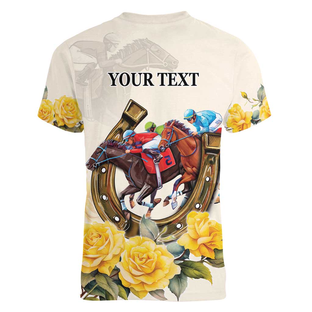 Melbourne Horse Racing Personalised Women V-Neck T-Shirt Australian Horse With Yellow Roses
