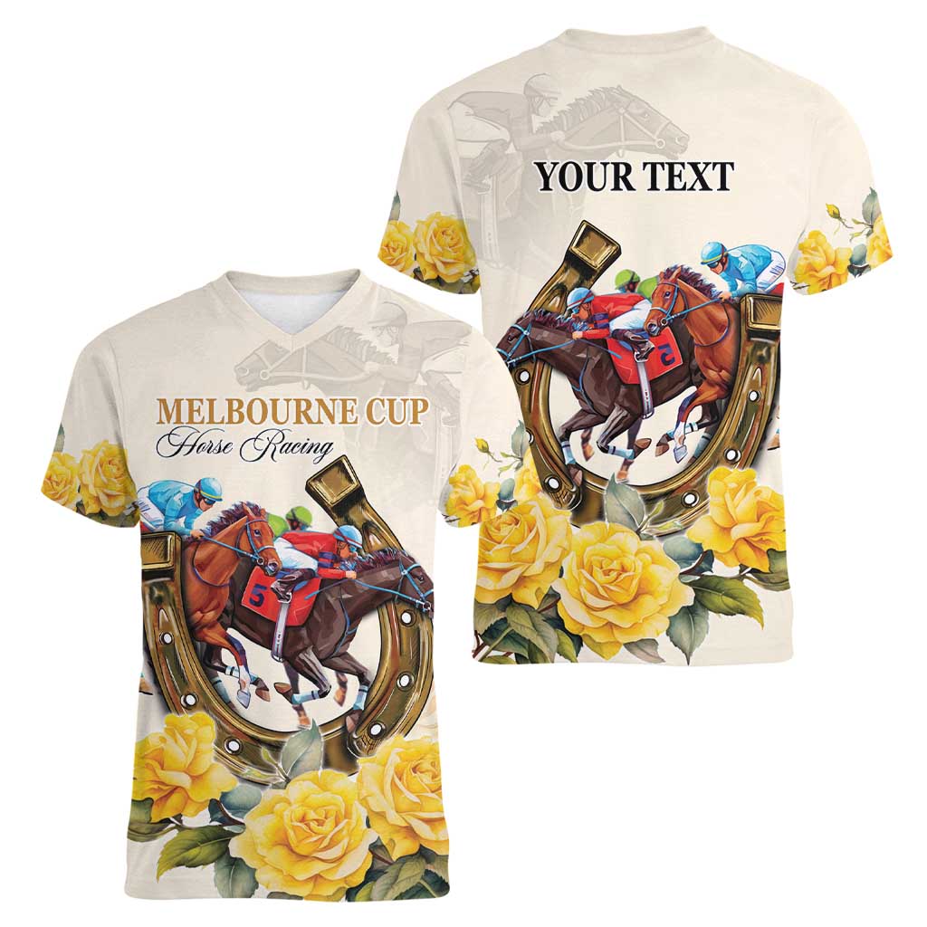 Melbourne Horse Racing Personalised Women V-Neck T-Shirt Australian Horse With Yellow Roses