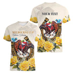 Melbourne Horse Racing Personalised Women V-Neck T-Shirt Australian Horse With Yellow Roses