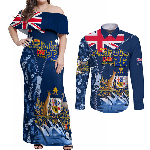 Personalised Happy Australia Day 26 January Couples Matching Off Shoulder Maxi Dress and Long Sleeve Button Shirt LT9