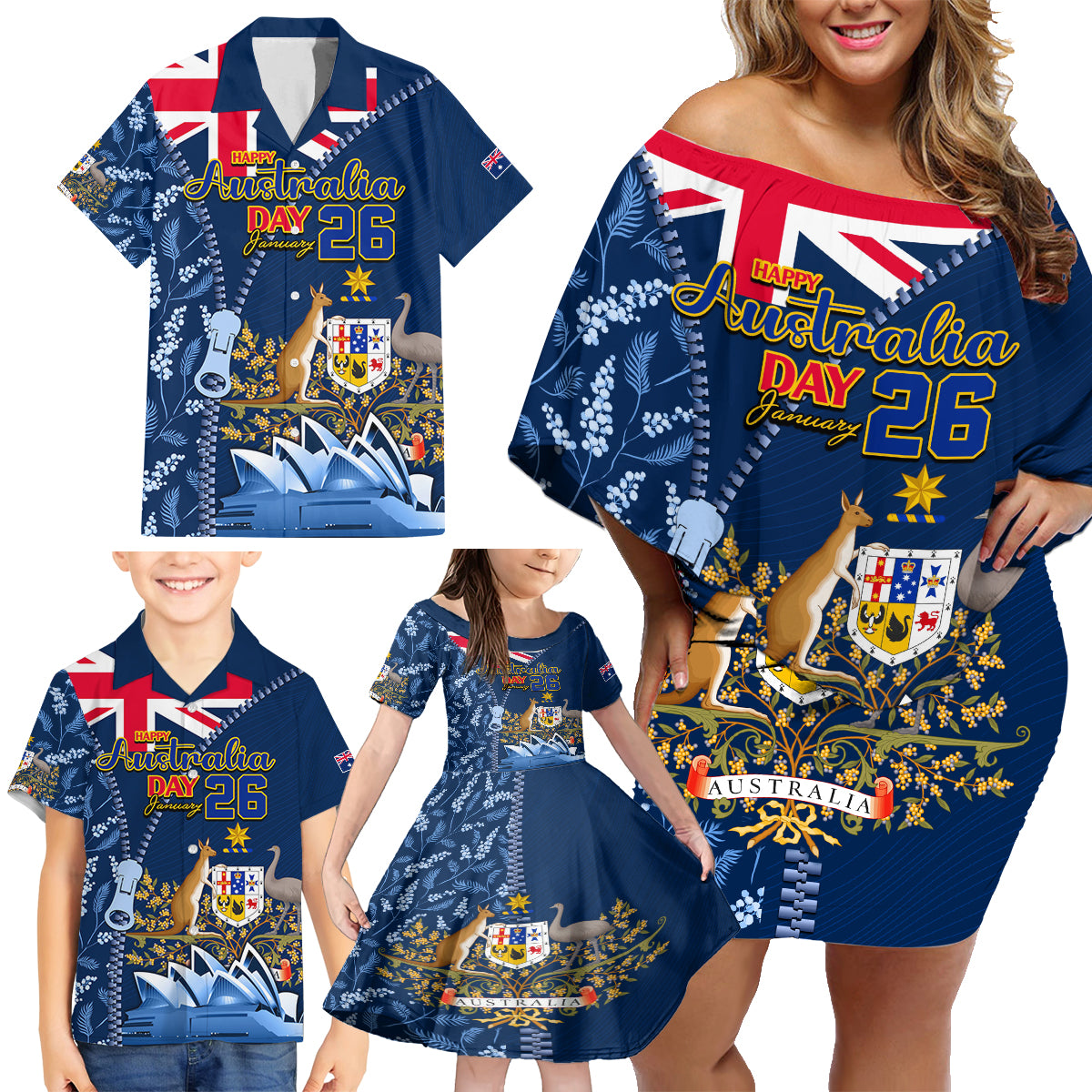Personalised Happy Australia Day 26 January Family Matching Off Shoulder Short Dress and Hawaiian Shirt LT9