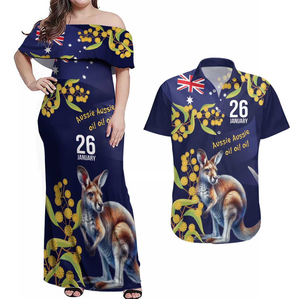 Blue Kangaroo and Golden Wattle Personalised Couples Matching Off Shoulder Maxi Dress and Hawaiian Shirt Happy Australia Day 6 January