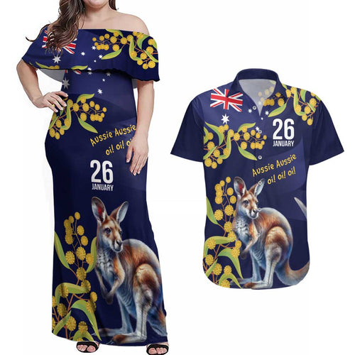 Blue Kangaroo and Golden Wattle Personalised Couples Matching Off Shoulder Maxi Dress and Hawaiian Shirt Happy Australia Day 6 January