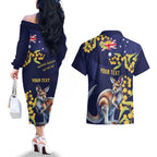 Blue Kangaroo and Golden Wattle Personalised Couples Matching Off The Shoulder Long Sleeve Dress and Hawaiian Shirt Happy Australia Day 6 January