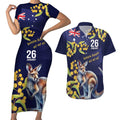 Blue Kangaroo and Golden Wattle Personalised Couples Matching Short Sleeve Bodycon Dress and Hawaiian Shirt Happy Australia Day 6 January