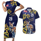 Blue Kangaroo and Golden Wattle Personalised Couples Matching Short Sleeve Bodycon Dress and Hawaiian Shirt Happy Australia Day 6 January