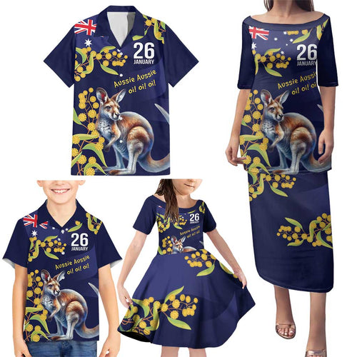 Blue Kangaroo and Golden Wattle Personalised Family Matching Puletasi and Hawaiian Shirt Happy Australia Day 6 January