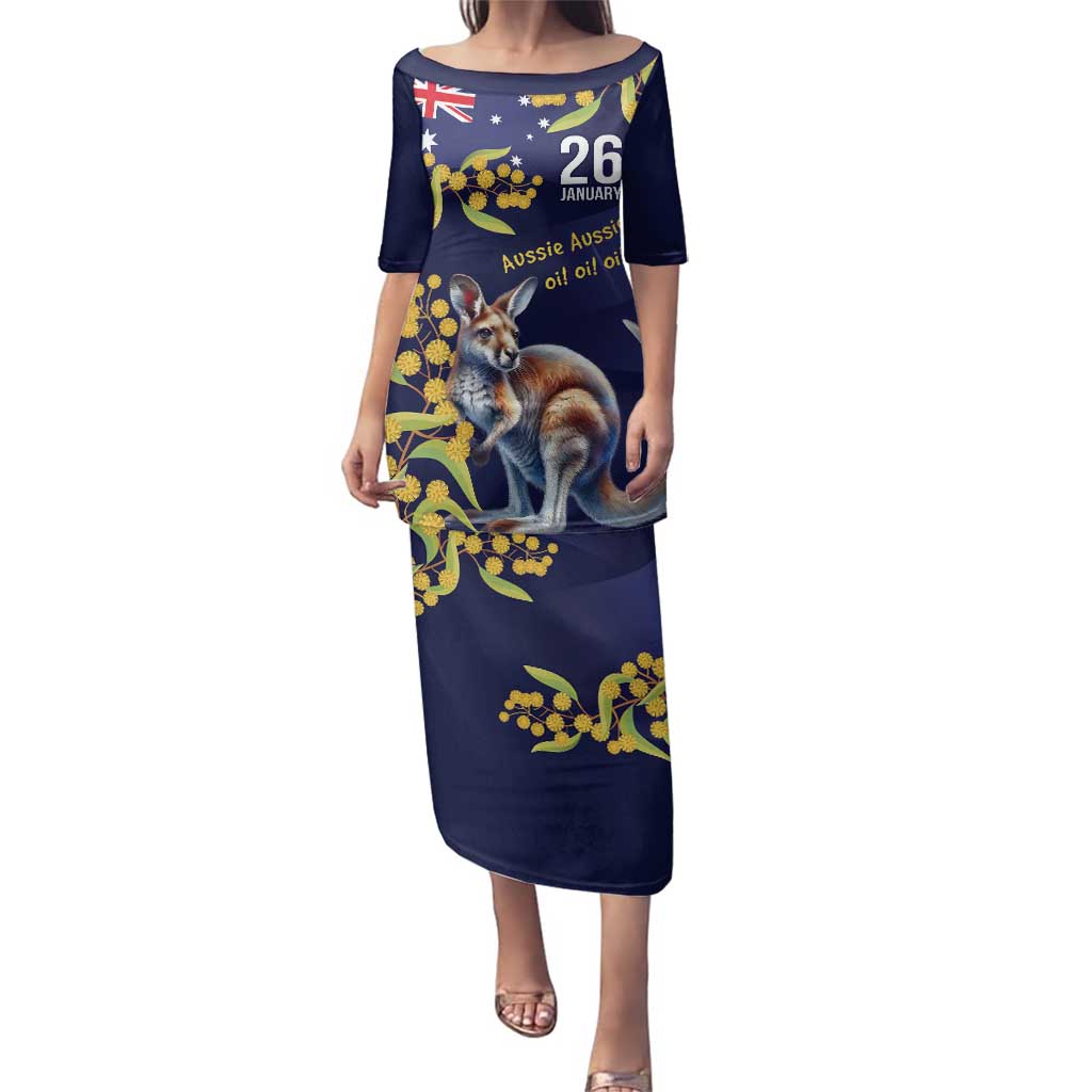 Blue Kangaroo and Golden Wattle Personalised Family Matching Puletasi and Hawaiian Shirt Happy Australia Day 6 January