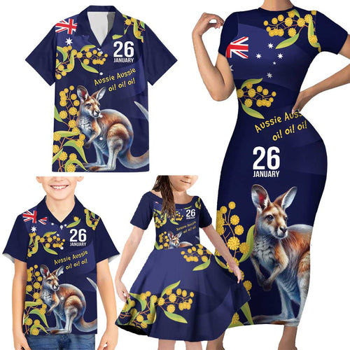 Blue Kangaroo and Golden Wattle Personalised Family Matching Short Sleeve Bodycon Dress and Hawaiian Shirt Happy Australia Day 6 January