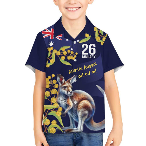 Blue Kangaroo and Golden Wattle Personalised Family Matching Short Sleeve Bodycon Dress and Hawaiian Shirt Happy Australia Day 6 January