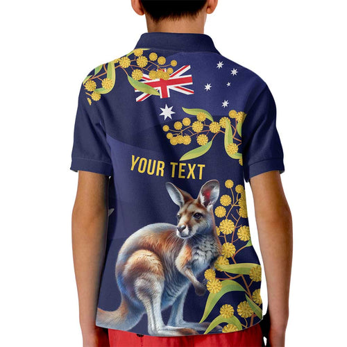 Blue Kangaroo and Golden Wattle Personalised Kid Polo Shirt Happy Australia Day 6 January