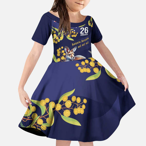 Blue Kangaroo and Golden Wattle Personalised Kid Short Sleeve Dress Happy Australia Day 6 January