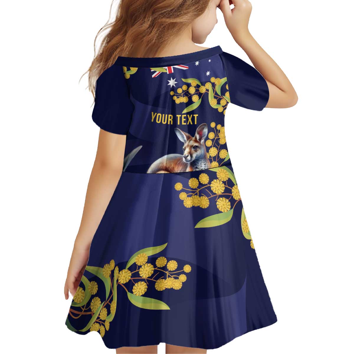 Blue Kangaroo and Golden Wattle Personalised Kid Short Sleeve Dress Happy Australia Day 6 January