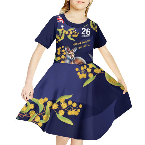 Blue Kangaroo and Golden Wattle Personalised Kid Short Sleeve Dress Happy Australia Day 6 January