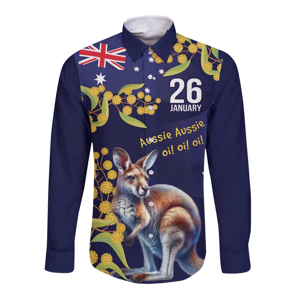 Blue Kangaroo and Golden Wattle Personalised Long Sleeve Button Shirt Happy Australia Day 6 January