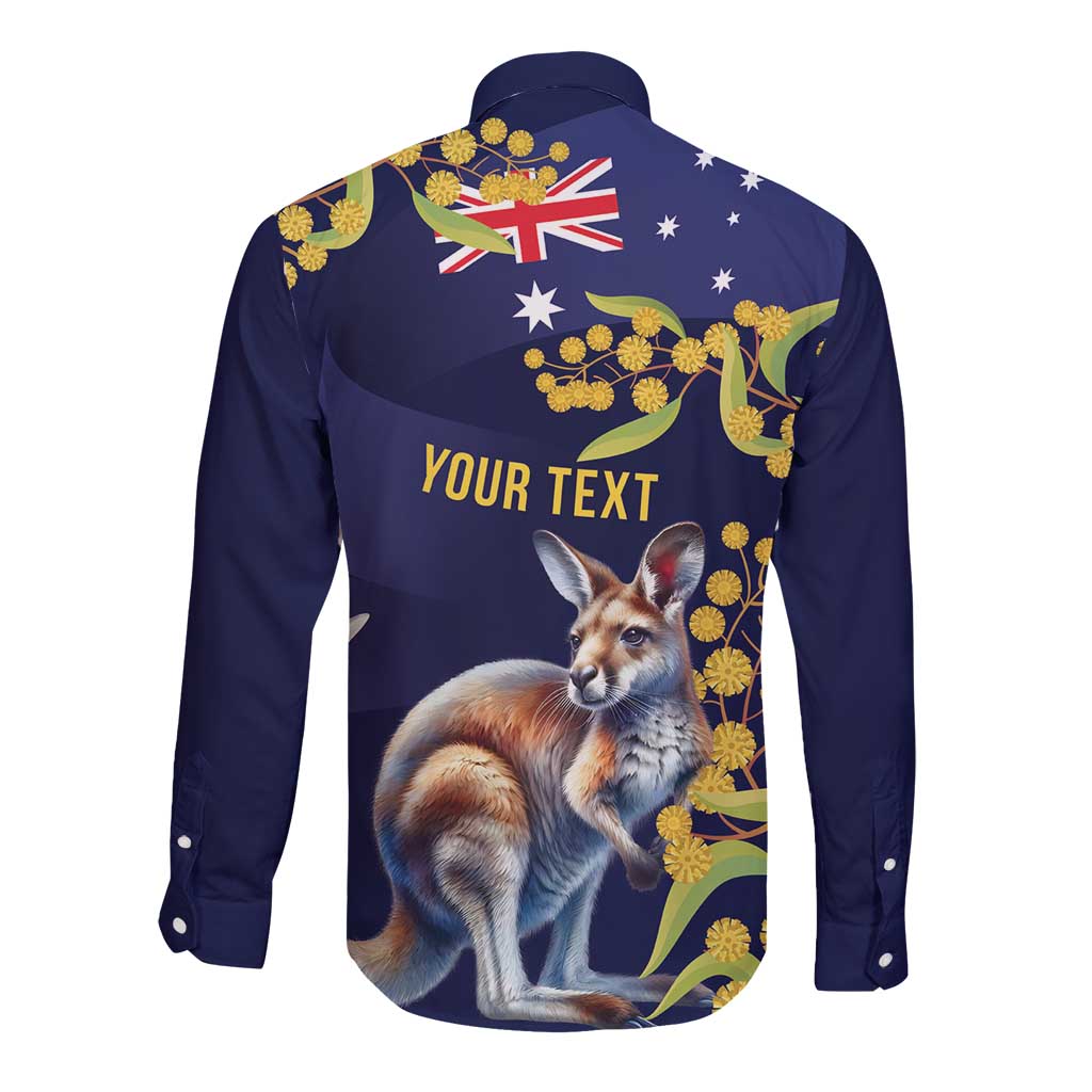 Blue Kangaroo and Golden Wattle Personalised Long Sleeve Button Shirt Happy Australia Day 6 January