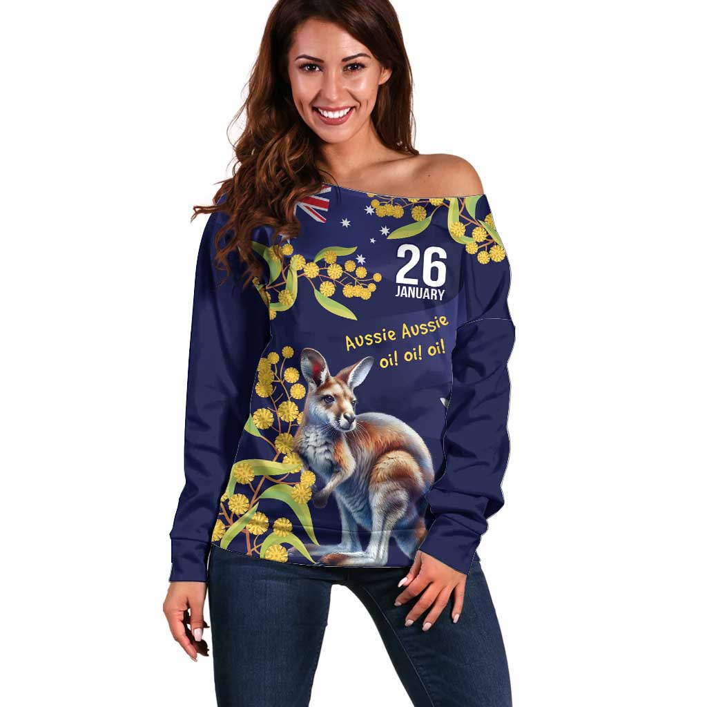Blue Kangaroo and Golden Wattle Personalised Off Shoulder Sweater Happy Australia Day 6 January