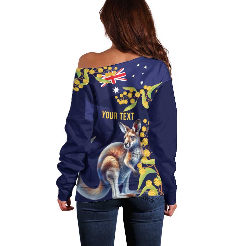 Blue Kangaroo and Golden Wattle Personalised Off Shoulder Sweater Happy Australia Day 6 January