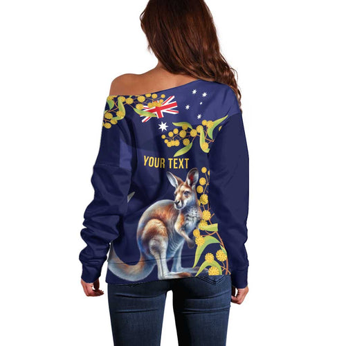Blue Kangaroo and Golden Wattle Personalised Off Shoulder Sweater Happy Australia Day 6 January