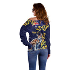 Blue Kangaroo and Golden Wattle Personalised Off Shoulder Sweater Happy Australia Day 6 January