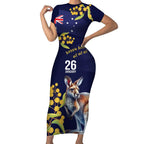 Blue Kangaroo and Golden Wattle Personalised Short Sleeve Bodycon Dress Happy Australia Day 6 January