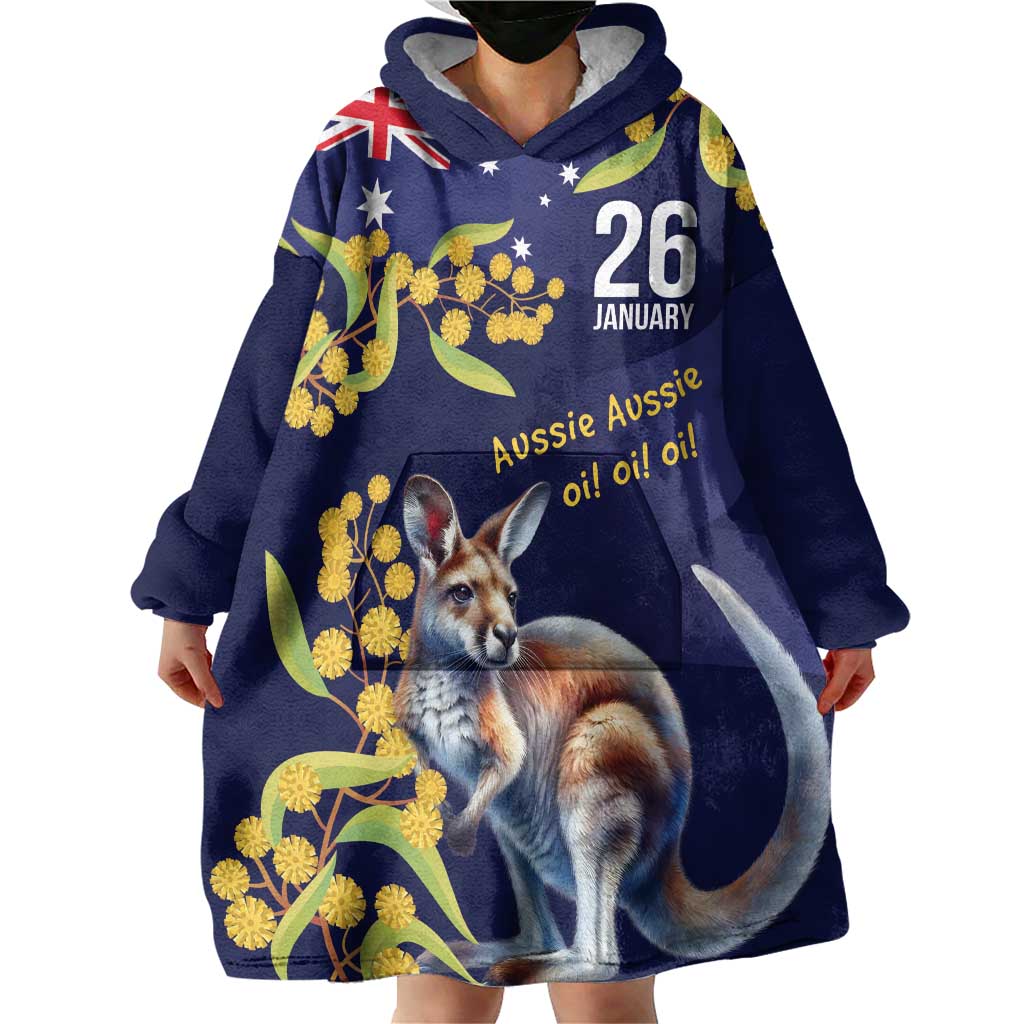 Blue Kangaroo and Golden Wattle Personalised Wearable Blanket Hoodie Happy Australia Day 6 January