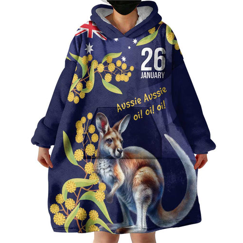 Blue Kangaroo and Golden Wattle Personalised Wearable Blanket Hoodie Happy Australia Day 6 January