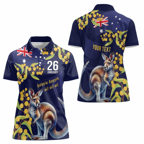 Blue Kangaroo and Golden Wattle Personalised Women Polo Shirt Happy Australia Day 6 January