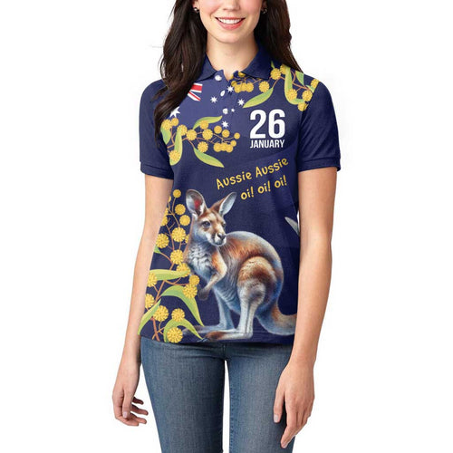 Blue Kangaroo and Golden Wattle Personalised Women Polo Shirt Happy Australia Day 6 January