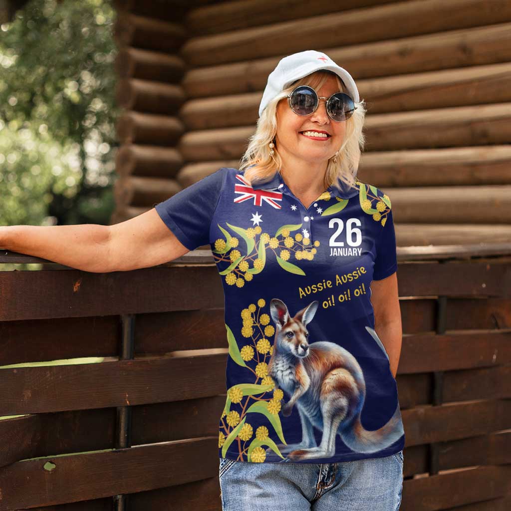 Blue Kangaroo and Golden Wattle Personalised Women Polo Shirt Happy Australia Day 6 January