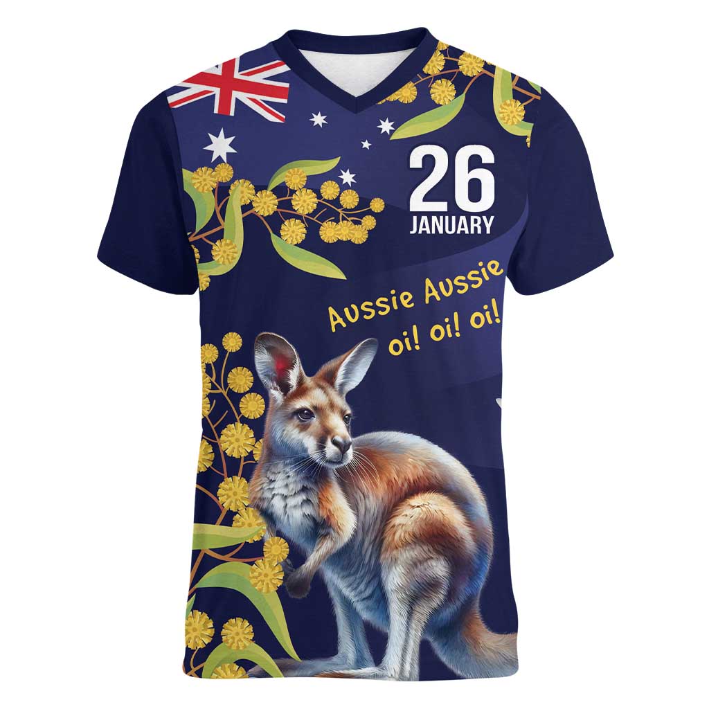 Blue Kangaroo and Golden Wattle Personalised Women V-Neck T-Shirt Happy Australia Day 6 January