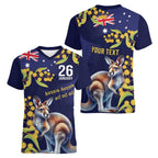 Blue Kangaroo and Golden Wattle Personalised Women V-Neck T-Shirt Happy Australia Day 6 January