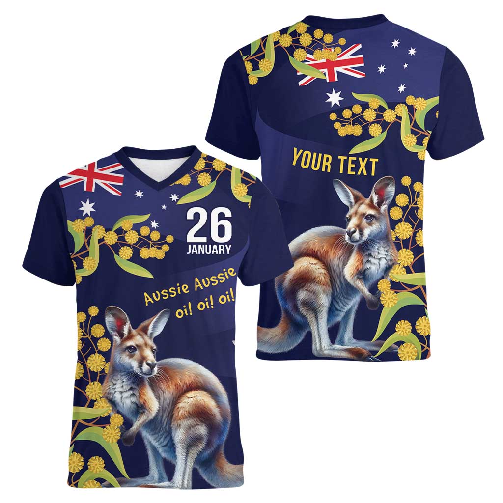 Blue Kangaroo and Golden Wattle Personalised Women V-Neck T-Shirt Happy Australia Day 6 January