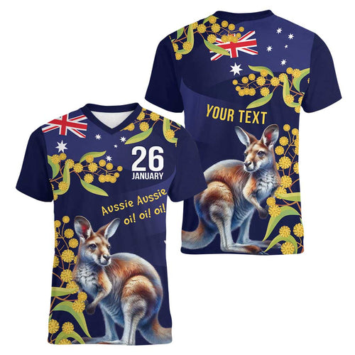 Blue Kangaroo and Golden Wattle Personalised Women V-Neck T-Shirt Happy Australia Day 6 January